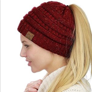 C.C Confetti Burgundy Ponytail Beanie
